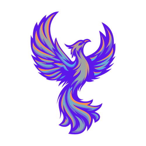 Blue Phoenix Rising logo in blue orange and turquoise