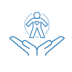 Icon of two hands holding a body with a heart in blue for Emotion & Body Code