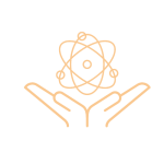 Icon of two hands holding a quantum shape in orange for QHHT Quantum Healing Hypnosis Technique