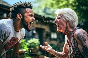 Old tattooed short-haired white woman and young black man arguing loudly with open mouths
