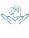 Icon of two hands holding a paw print in blue for Animal Healing & Communication